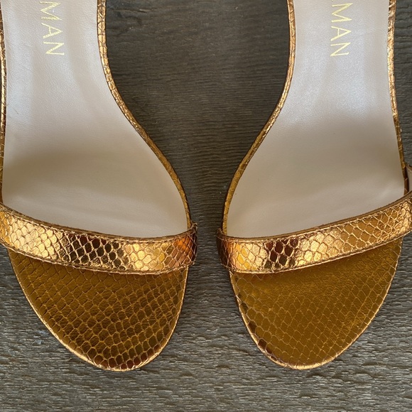 STUART WEITZMAN Nearlynude Snakeskin Embossed Leather Sandals in Bronze - Picture 3 of 11